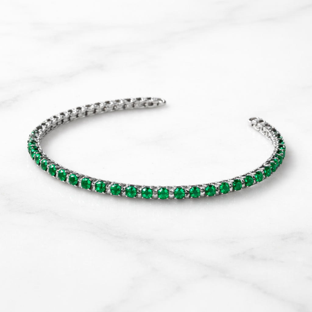 Pulsera Tenis Verde · Plata y Cristal