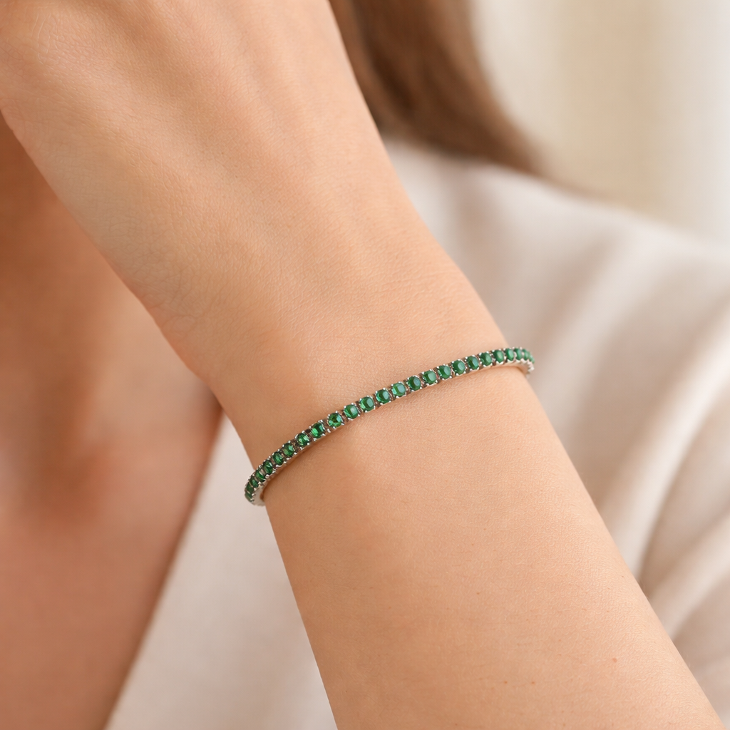 Pulsera Tenis Verde · Plata y Cristal